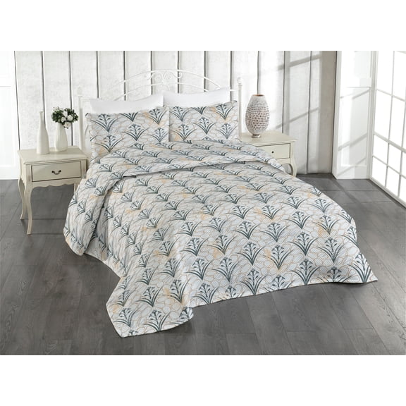 Ambesonne Art Deco Quilted Bedspread Set 3 Pcs, Simple Blossom Nostalgia, Twin, Emerald Warm Taupe Dust