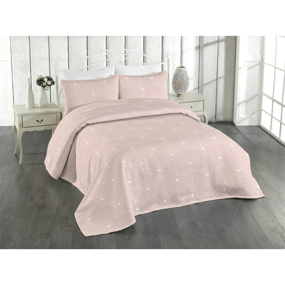 Ambesonne Art Deco Quilted Bedspread Set 3 Pcs, Soft Blushy Classic Scales, Twin, Blush and White