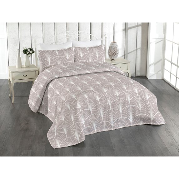 Ambesonne Art Deco Quilted Bedspread Set 3 Pcs, Warm Taupe Semi Circles, King, Warm Taupe and White
