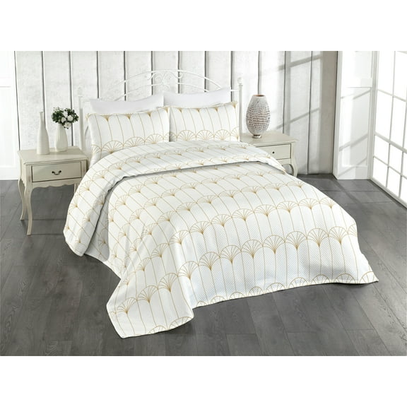 Ambesonne Art Deco Quilted Bedspread Set 3 Pcs, White Simple Vintage Motif, King, White Sand Brown