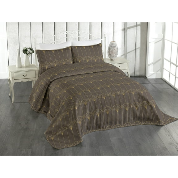 Ambesonne Art Deco Quilted Coverlet 3 Pcs, Brown Simple Vintage Motif, King Size, Dark Brown and Sand Brown