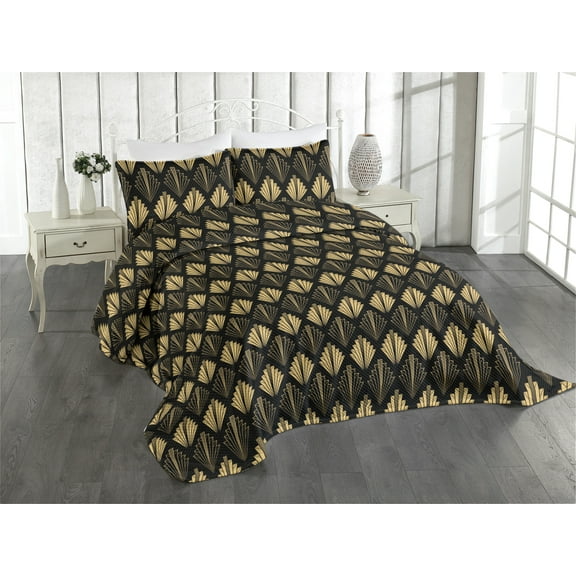 Ambesonne Art Deco Quilted Coverlet 3 Pcs, Geometric Repetition Print, King Size, Pale Mustard and Dark Grey