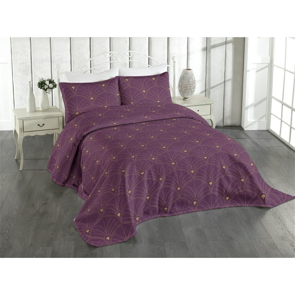 Ambesonne Art Deco Quilted Coverlet 3 Pcs, Plum Tone Classic Scales, Queen Size, Plum and Sand Brown