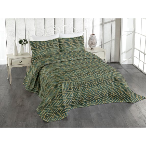 Ambesonne Art Deco Quilted Coverlet 3 Pcs, Retro Zigzag Drawing Motif, Queen Size, Dark Teal and Dark Mustard