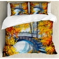 thumbnail image 1 of Ambesonne Art Duvet Cover Set, Autumn Forest with Bridge, 2-Calking, Marigold Vermilion Blue, 1 of 3