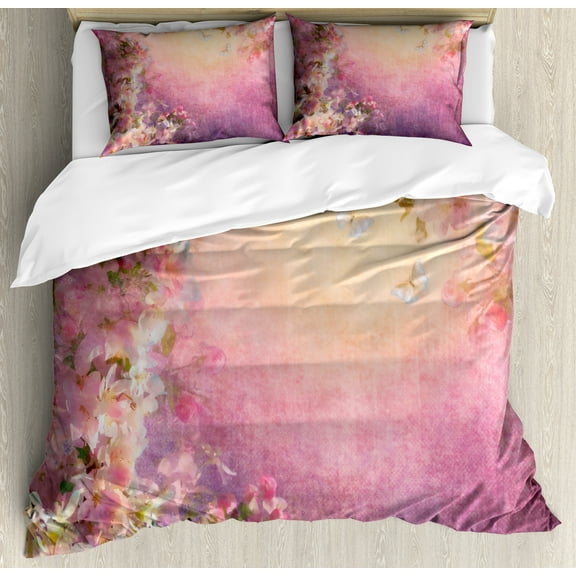 Ambesonne Art Duvet Cover Set, Enchanted Blossom Petals, 2-Calking, Pale Pink Peach