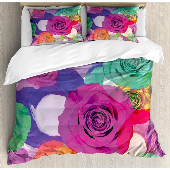 Ambesonne Art Duvet Cover Set, Floral Arrangement Roses, 2-Calking, Magenta Turquoise