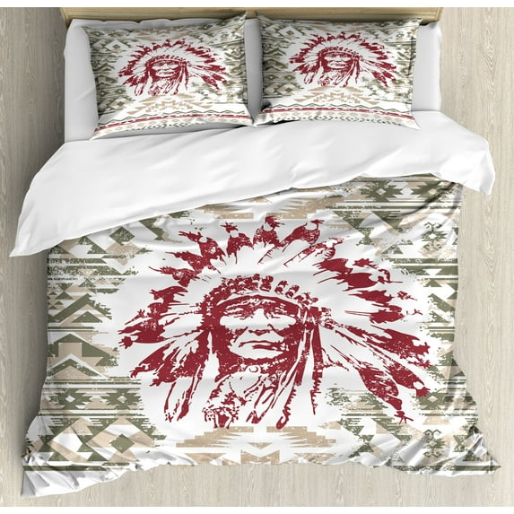 Ambesonne Art Duvet Cover Set, Vintage Portrait Grunge Design, King, Sage Green Ruby and Tan