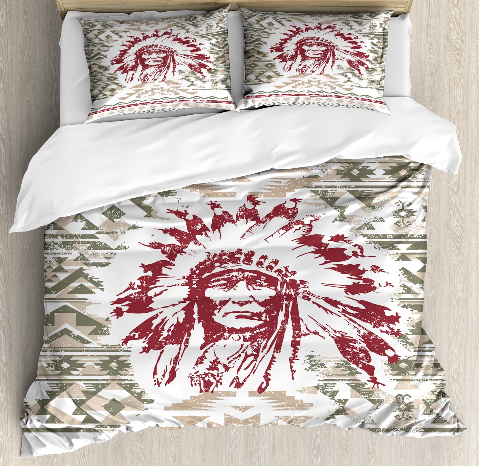 Queen Sage Green and Ruby Native American Duvet Cover Set
