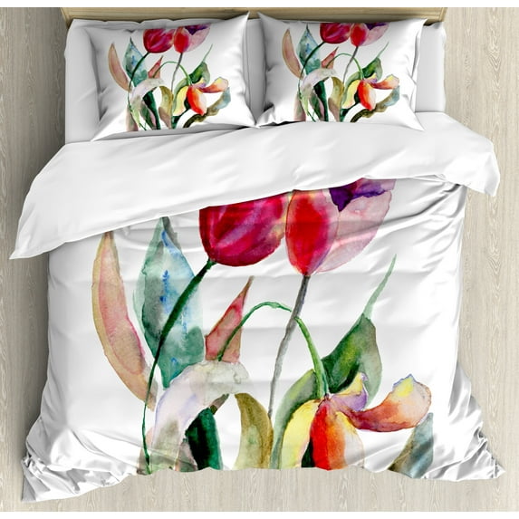 Ambesonne Art Duvet Cover Sets, Watercolor Tulip Flowers, 2-Queen, Forest Green Magenta