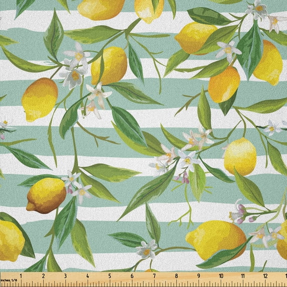 Ambesonne Art Fabric by the Yard Microfiber, Blooming Lemon Tree, 5 Yards, Fern Green Seafoam