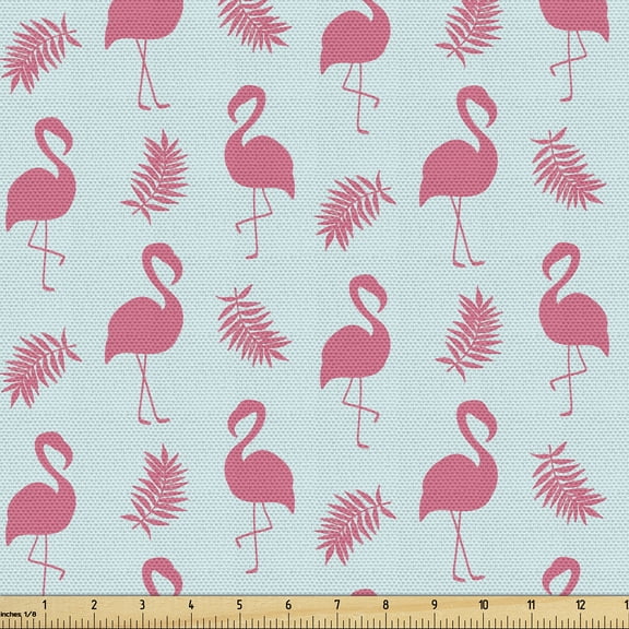 Ambesonne Art Fabric by the Yard Upholstery, Flamingo and Tropic Leaves, 1 Yard, Dried Rose Pale Blue