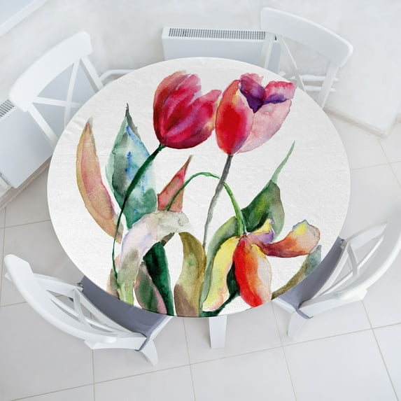 Ambesonne Art Fitted Round Tablecloth, Watercolor Tulip Flowers, 36"- 40" Diameter, Forest Green Magenta