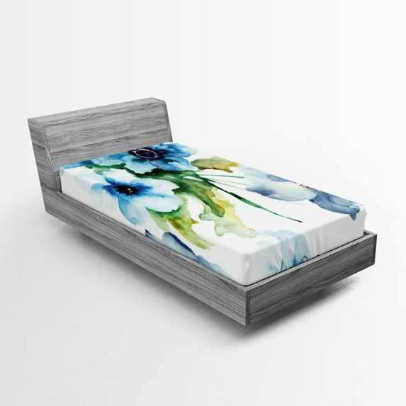 Ambesonne Art Fitted Sheet 2 Pcs Set, Summer Flowers Growth, Twin XL, Blue Forest Green