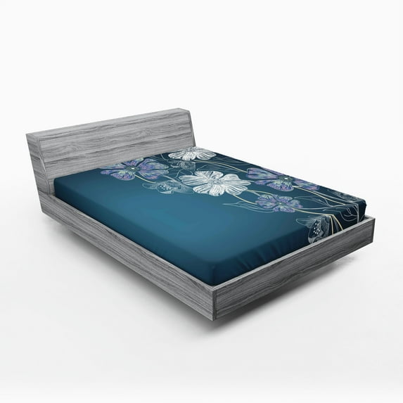 Ambesonne Art Fitted Sheet, Cherry Blossom Bridal Theme, Queen Size, Petrol Blue Lavender