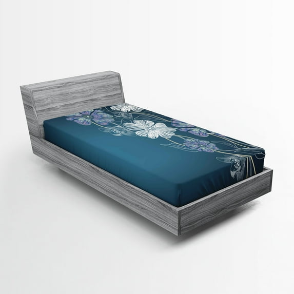 Ambesonne Art Fitted Sheet, Cherry Blossom Bridal Theme, Twin Size, Petrol Blue Lavender