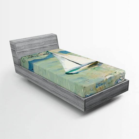 Ambesonne Art Fitted Sheet, Monet Sailing Boat, Twin Size, Pale Blue Teal and White