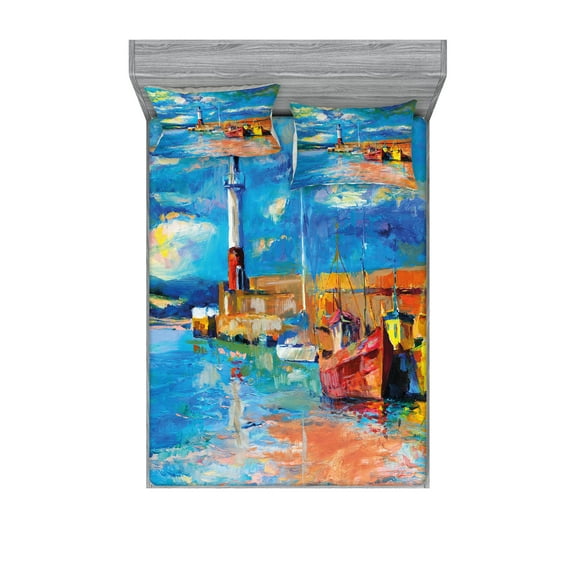 Ambesonne Art Fitted Sheet & Pillow Sham Set, Oil Painting Lighthouse, King, Multicolor