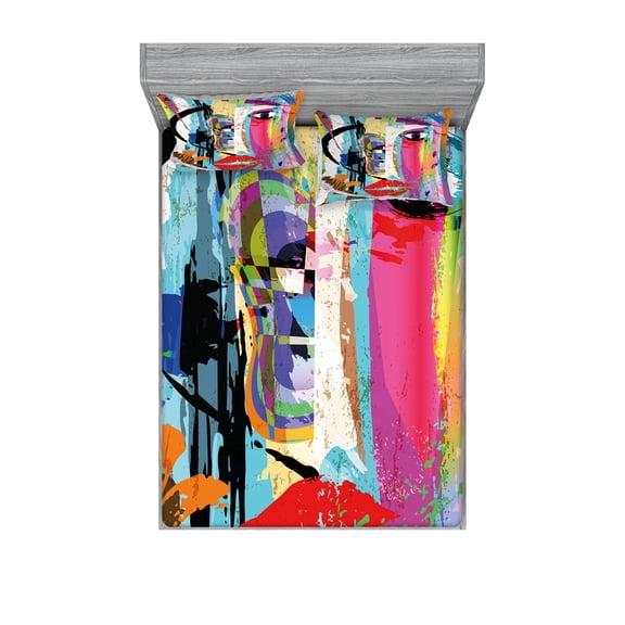 Ambesonne Art Fitted Sheet & Pillow Sham Set, Paint Strokes Splashes, Full, Multicolor