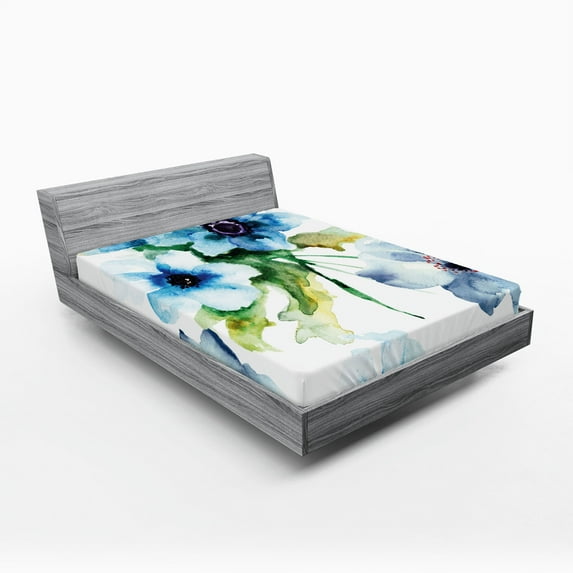 Ambesonne Art Fitted Sheet, Summer Flowers Growth, California King, Blue Forest Green