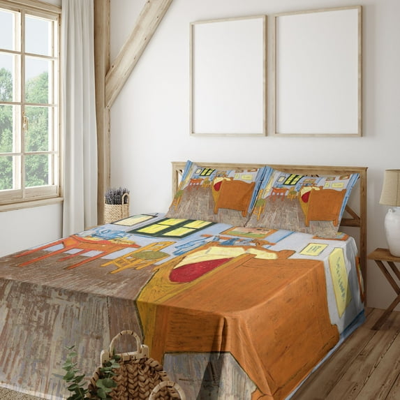 Ambesonne Art Fitted & Top Sheet Set with Shams, Painting of Room Interior, Multicolor