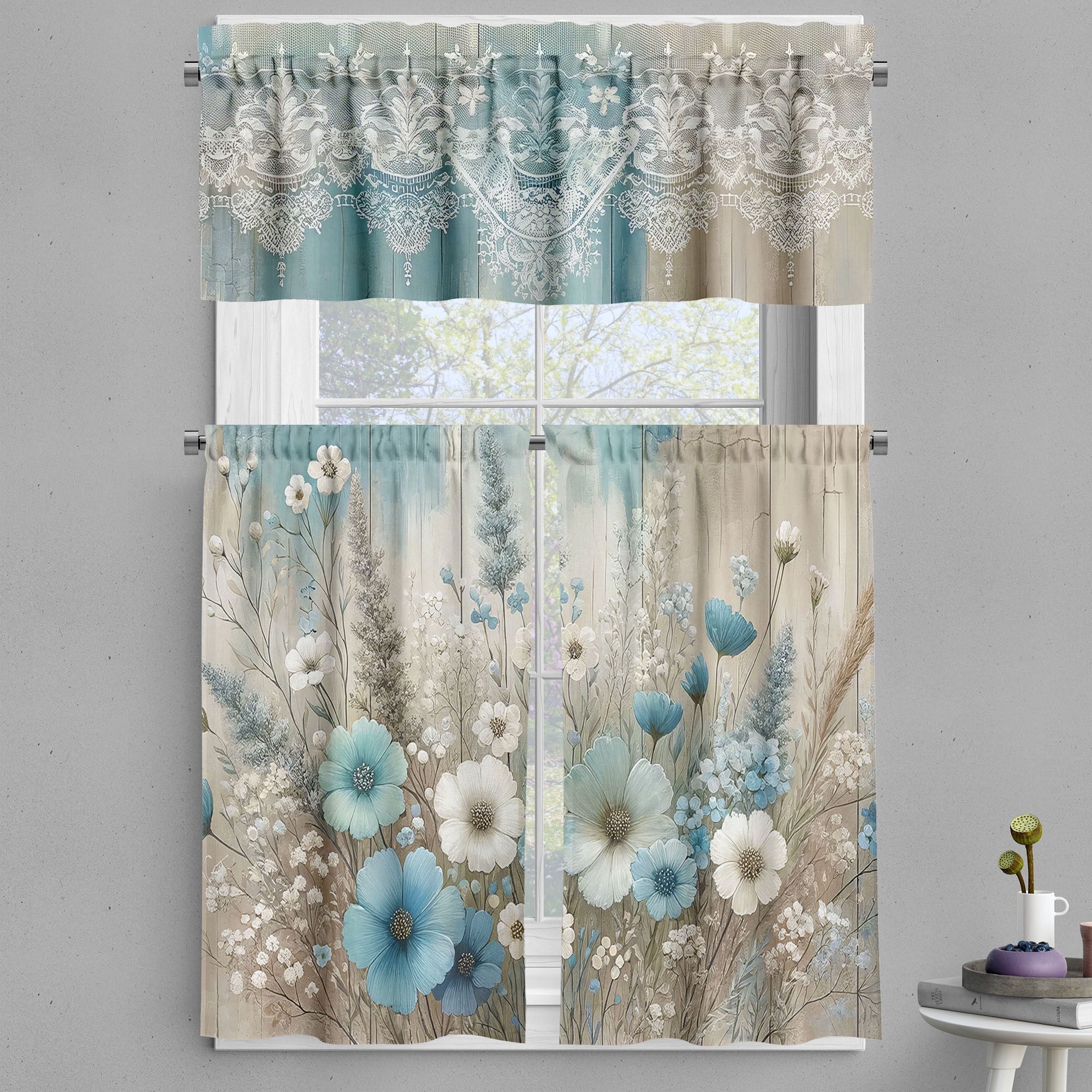 Pale Blue Floral Polyester Kitchen Curtain Set
