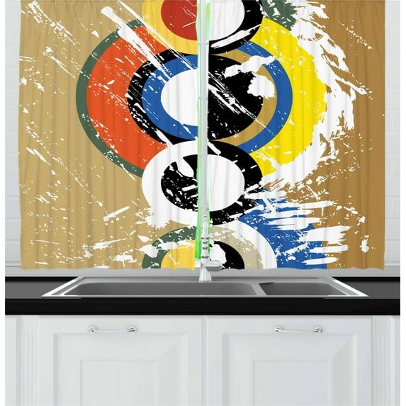 Ambesonne Art Kitchen Curtains, Abstract Geometric Circles, 55"x39", Multicolor