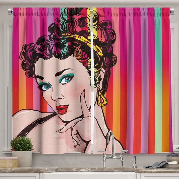 Ambesonne Art Kitchen Curtains, Blue Eyed Woman Pop Art, 55"x39", Red Eggshell Multicolor