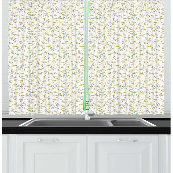 Ambesonne Art Kitchen Curtains, Doodle Drawings of Leaves, 55"x45", Cream Multicolor