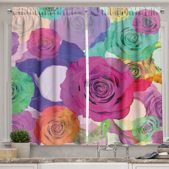 Ambesonne Art Kitchen Curtains, Floral Arrangement Roses, 55"x39", Magenta Turquoise