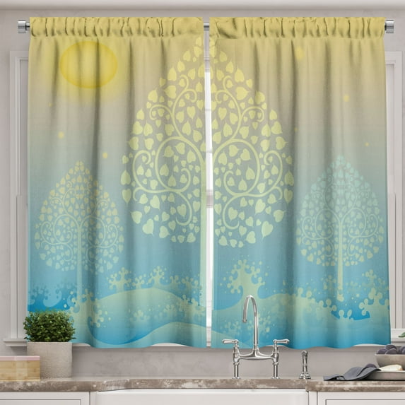 Ambesonne Art Kitchen Curtains, Oriental Trees Thai Design, 55"x45", Pale Blue Yellow