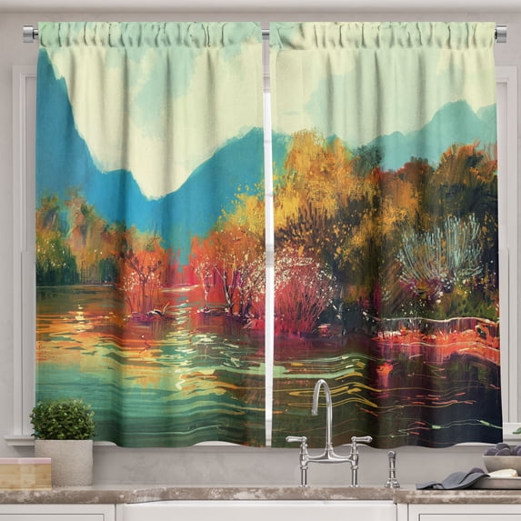 Ambesonne Art Kitchen Curtains, Surreal Autumn Forest, 55"x39", Multicolor