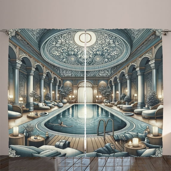 Ambesonne Art Nouveau Curtains 2 Panel Set, Panorama of a Pool Hall, 108" x 63", Pale Taupe Blue Grey
