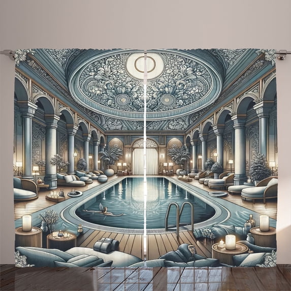 Ambesonne Art Nouveau Curtains 2 Panel Set, Panorama of a Pool Hall, 108" x 84", Pale Taupe Blue Grey