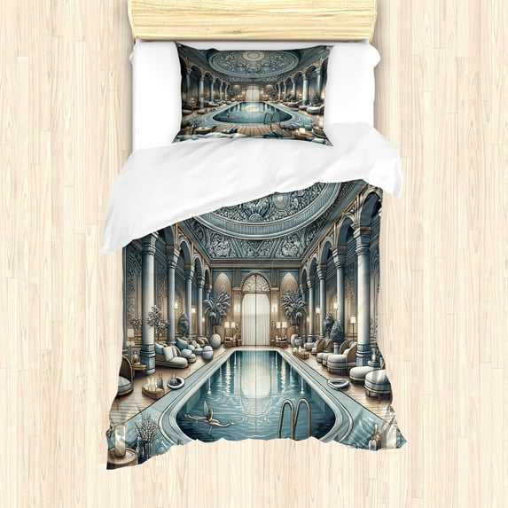 Ambesonne Art Nouveau Duvet Cover Set, Panorama of a Pool Hall, Twin, Pale Taupe Blue Grey