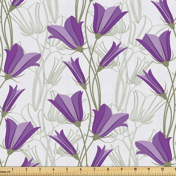 Ambesonne Art Nouveau Fabric by the Yard Upholstery, Bluebells Bouquet, 1 Yard, Reseda Green Violet