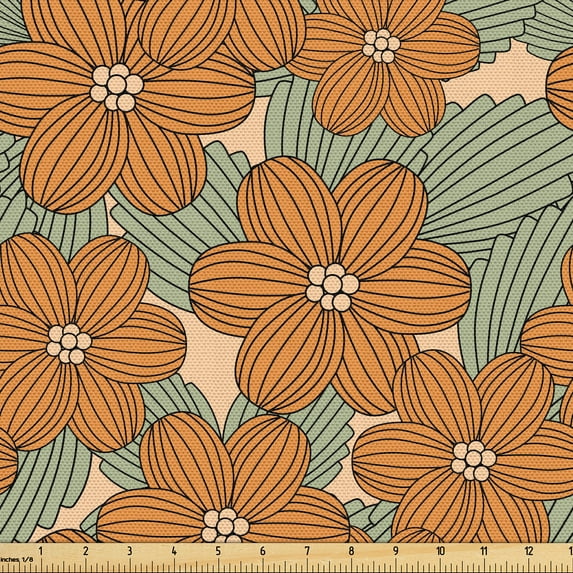 Ambesonne Art Nouveau Fabric by the Yard Upholstery, Chinese Blossoms, 3 Yards, Amber Almond Green Beige