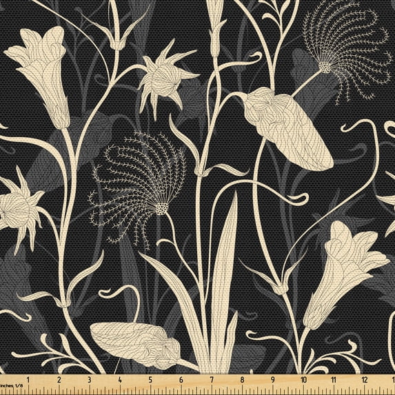 Ambesonne Art Nouveau Fabric by the Yard Upholstery, Mother Nature Blossoms, 2 Yards, Black and Ivory