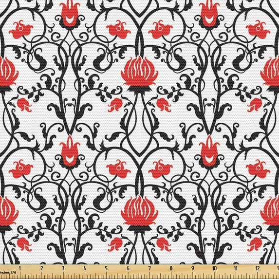 Ambesonne Art Nouveau Fabric by the Yard Upholstery, Rococo Tulip Bloom, 2 Yards, Black Red White