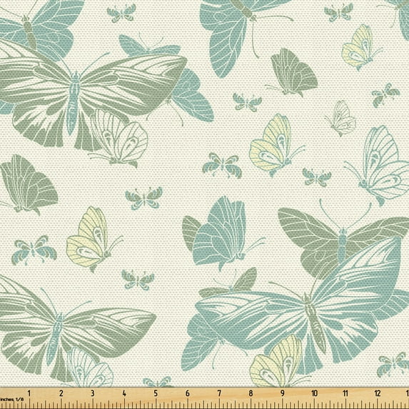 Ambesonne Art Nouveau Fabric by the Yard Upholstery, Soft Spring Wings, 5 Yards, Pale Almond Green Cream