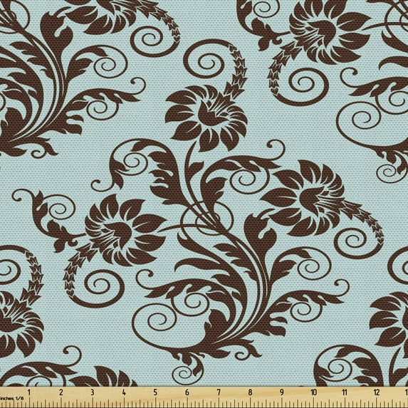 Ambesonne Art Nouveau Fabric by the Yard Upholstery, Vintage Damask, 2 Yards, Seal Brown and Pale Blue