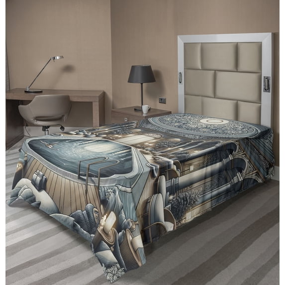 Ambesonne Art Nouveau Flat Sheet, Panorama of a Pool Hall, TwinXL Size, Pale Taupe Blue Grey