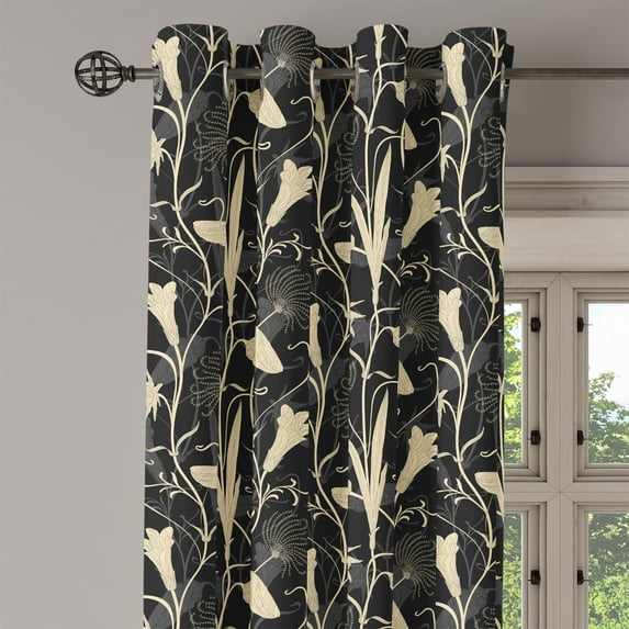 Ambesonne Art Nouveau Grommet Curtain Single Panel, Mother Nature Blossoms, 50"x60", Black and Ivory