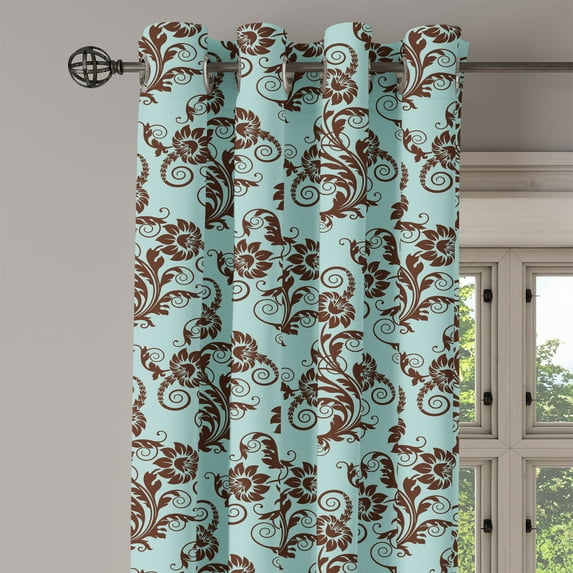 Ambesonne Art Nouveau Grommet Curtain Single Panel, Vintage Damask, 50"x60", Seal Brown and Pale Blue