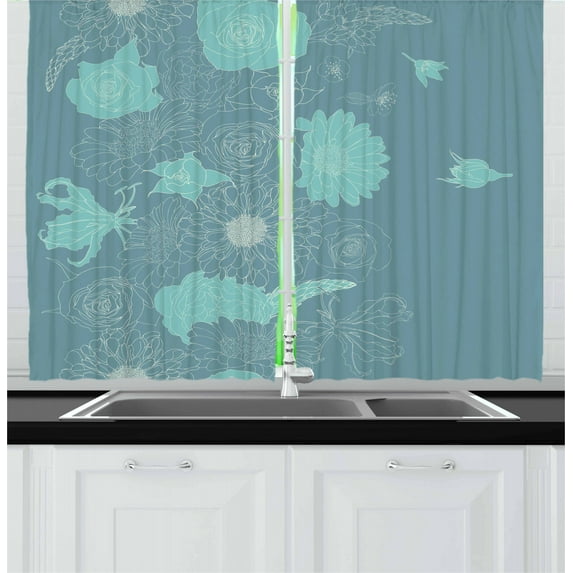 Ambesonne Art Nouveau Kitchen Curtains, Exotic Blossoms, 55"x39", Turquoise Slate Blue
