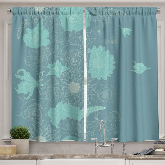 Ambesonne Art Nouveau Kitchen Curtains, Exotic Blossoms, 55"x45", Turquoise Slate Blue