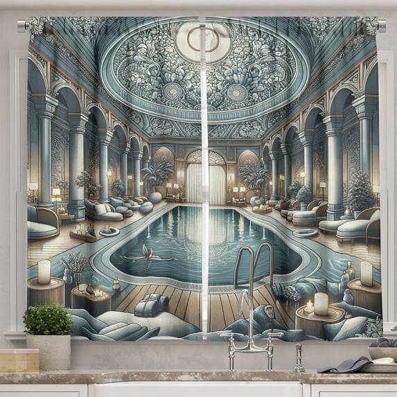 Ambesonne Art Nouveau Kitchen Curtains, Panorama of a Pool Hall, 55"x45", Pale Taupe Blue Grey