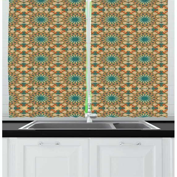 Ambesonne Art Nouveau Kitchen Curtains, Starry Retro Floral Art, 55"x45", Teal Burnt Orange