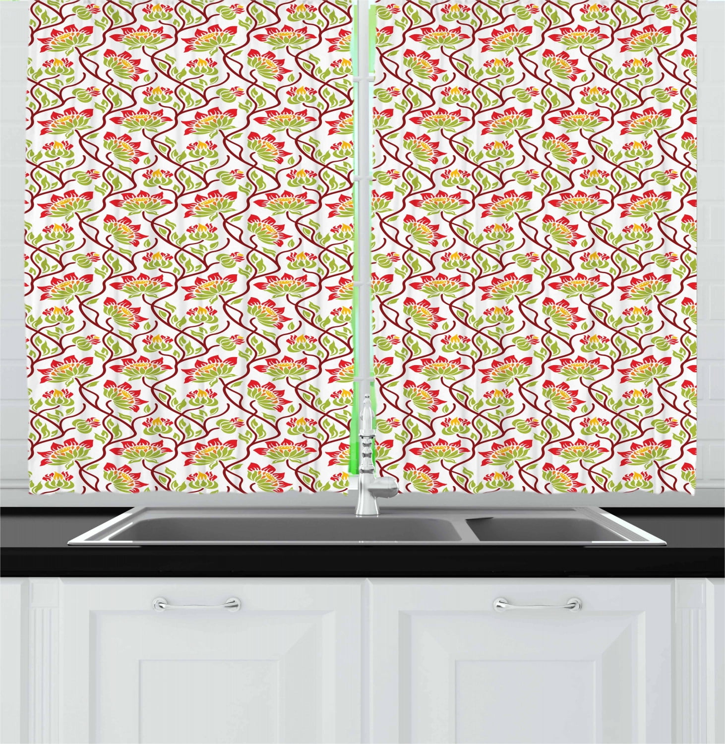 Floral Multicolor Polyester Light-Filtering Kitchen Curtain Set