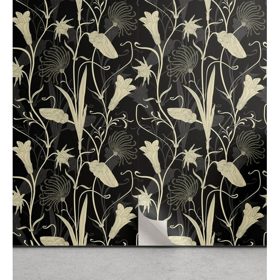 Ambesonne Art Nouveau Peel & Stick Wallpaper for Home, Mother Nature Blossoms, 13"x100", Black and Ivory
